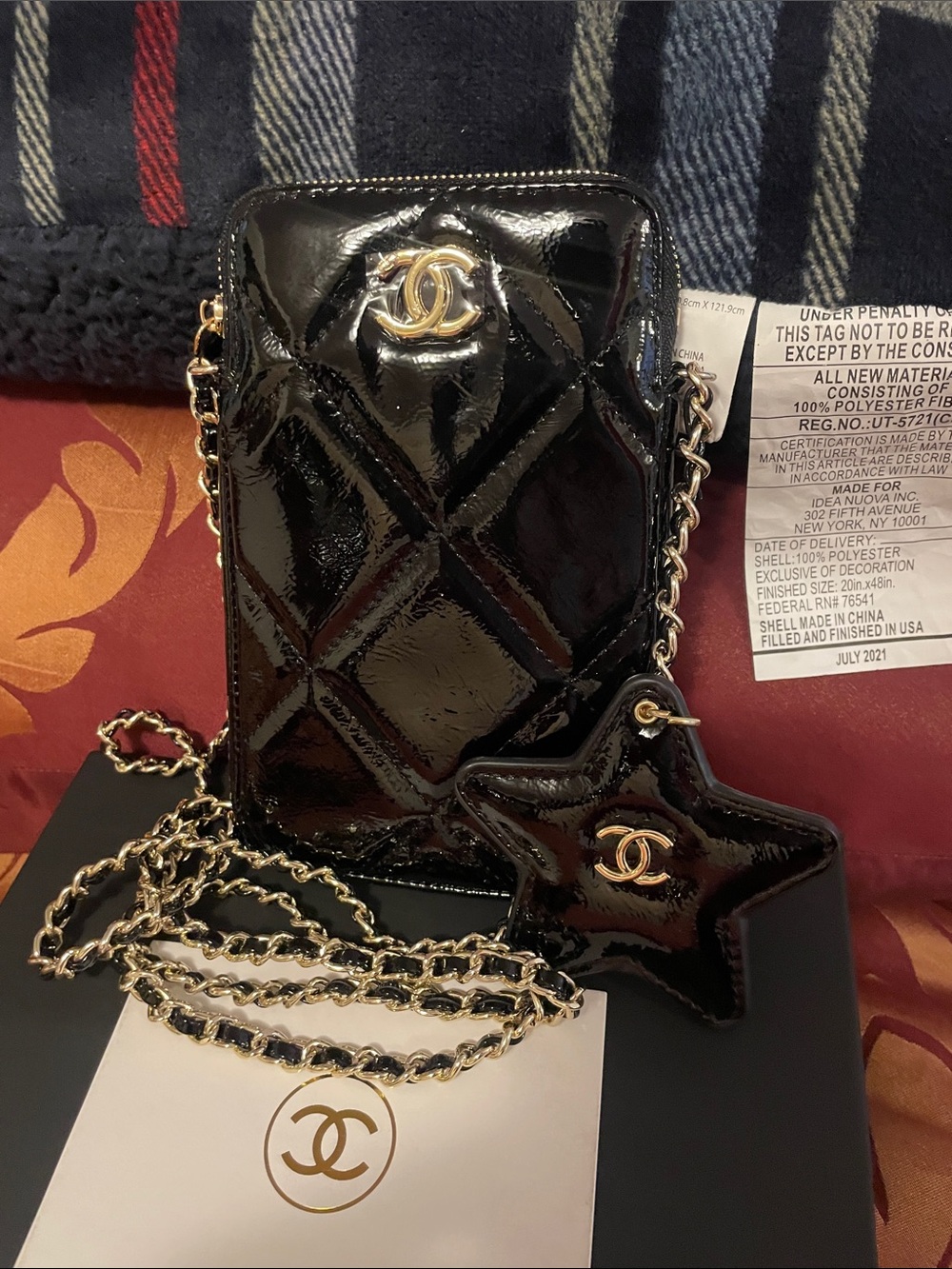 GWP Black Patent Quilted Crossbody with Star Charm and Chain Strap